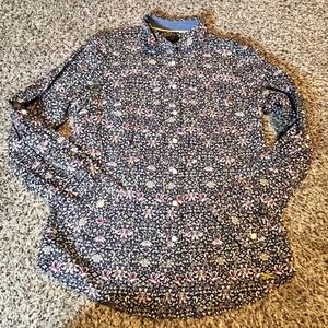 Talbots Petites 8P Navy Floral Hummingbird Damask Button Down Cotton Shirt